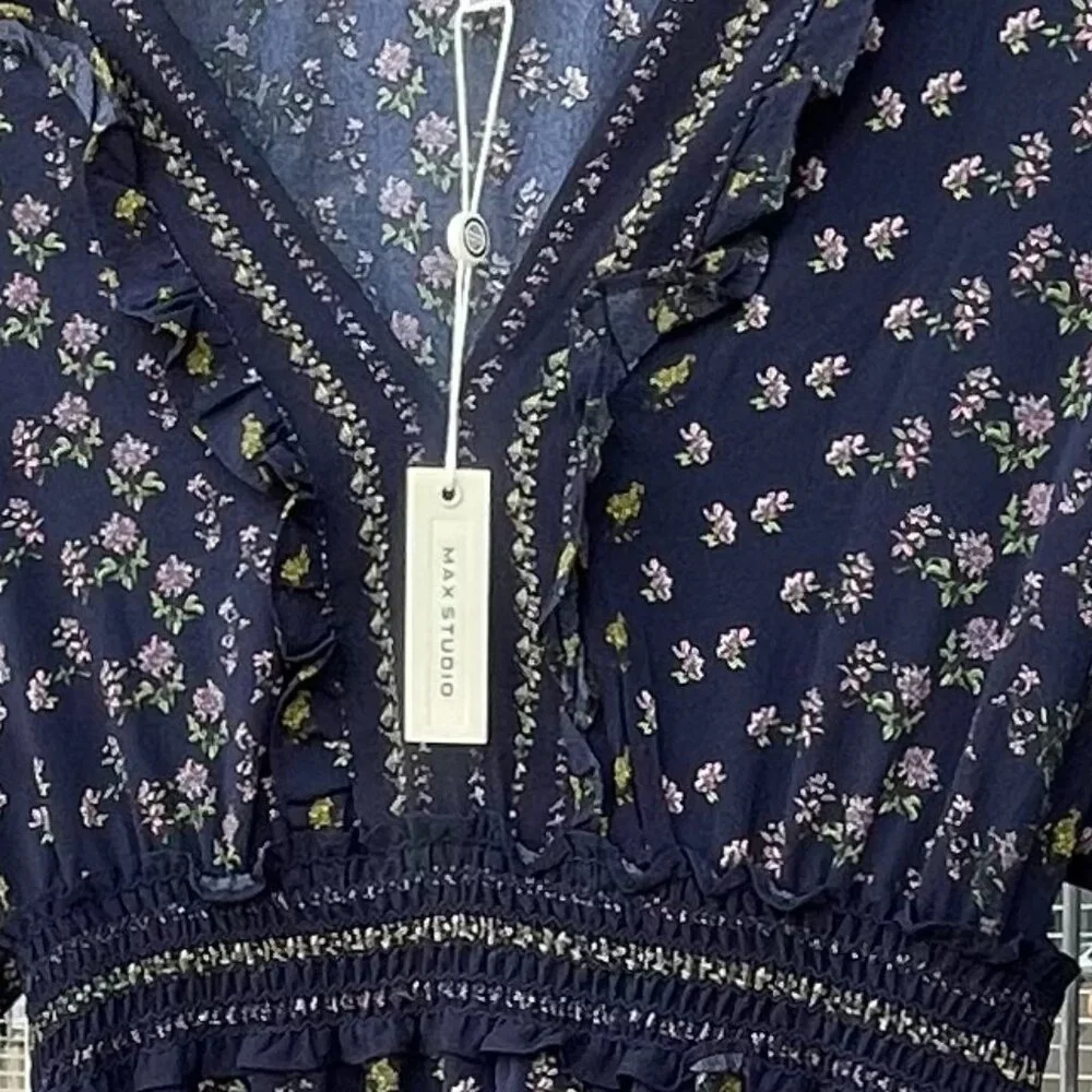 NWT Women's Large MAX STUDIO Navy Floral V-neck Empire Waist Tiered Midi Dress - Picture 14 of 16